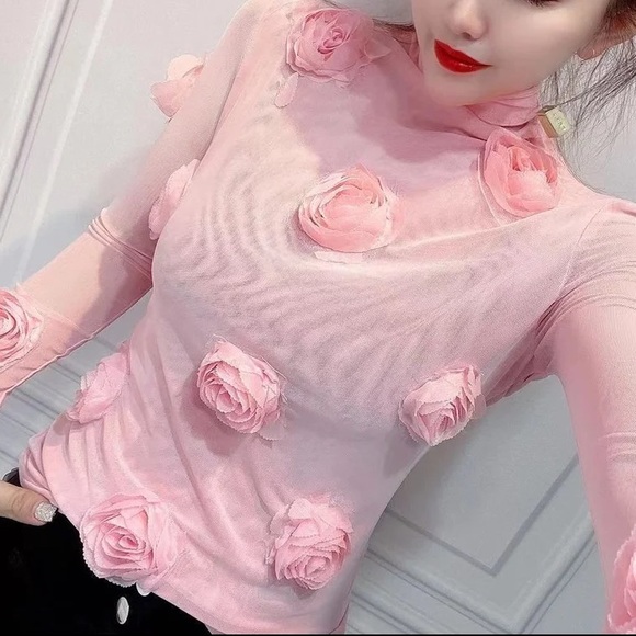 🎉New 24’Spring Summer 3-D Pink Solid Flower Stretch Mesh Turtleneck Top - Picture 4 of 10